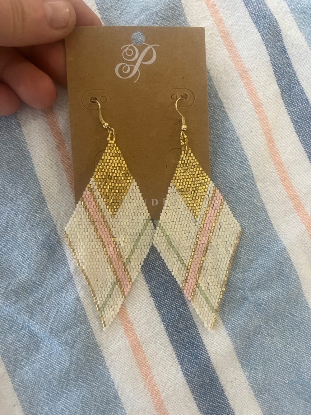 Plunder Gold, Cream, Pink & Green Beaded Diamond Dangle Earrings